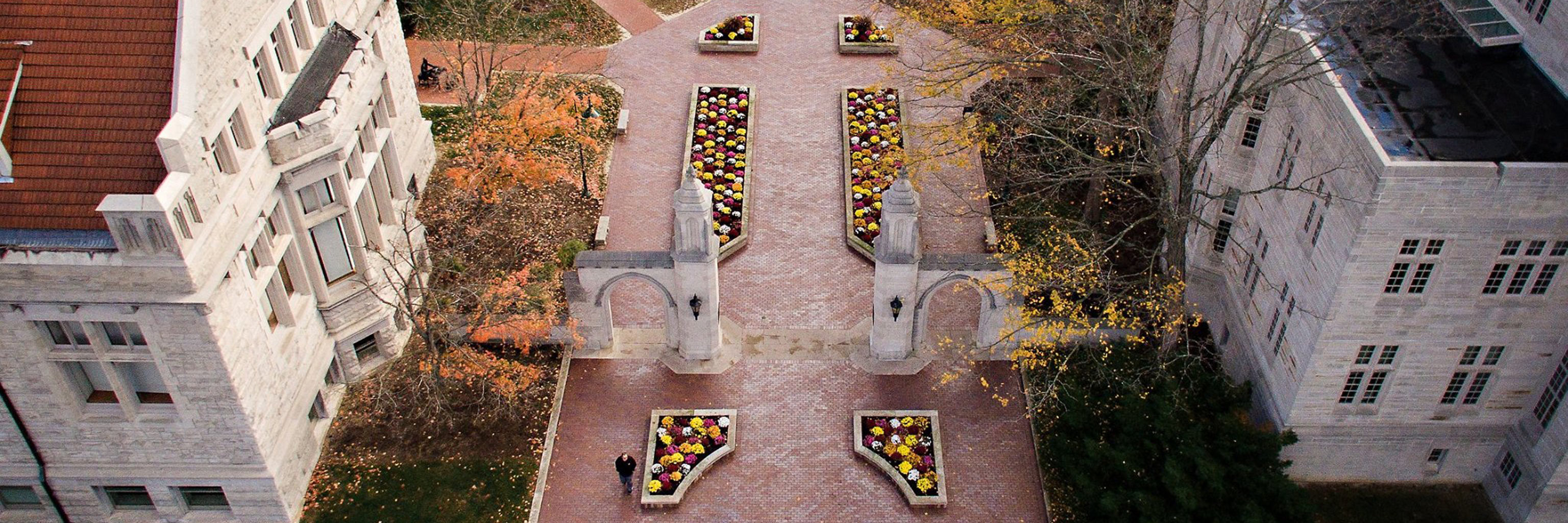 Aerial view of the Sample Gates on the Indiana University Bloomington campus