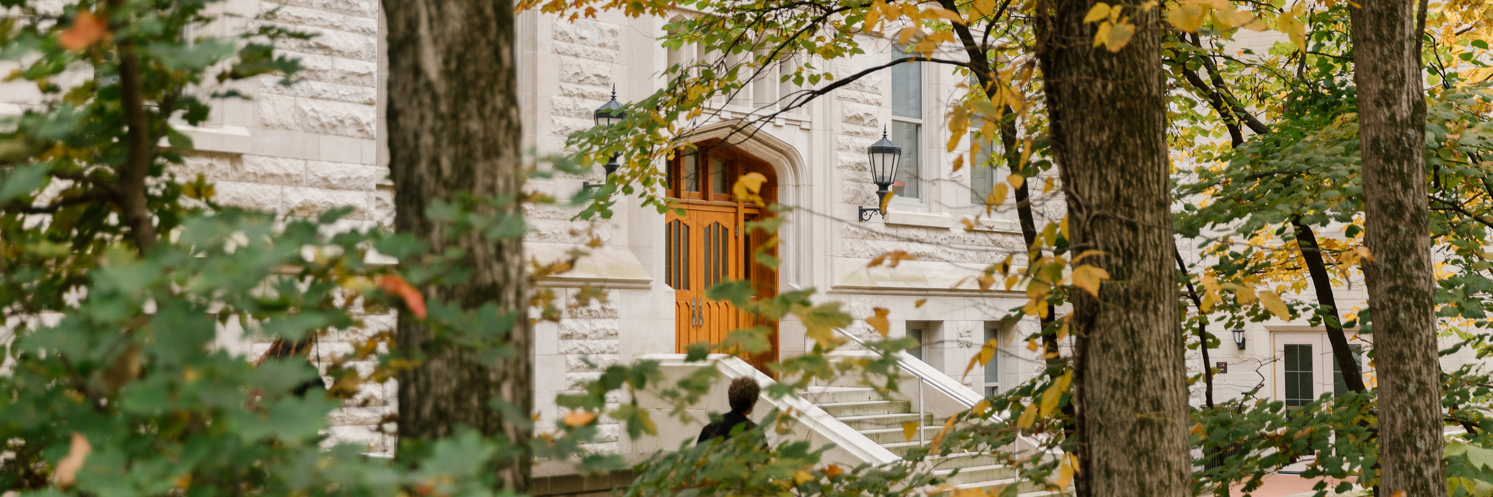 Exterior view of Swain Hall West as seen from between the trees of bordering Dunn's Woods