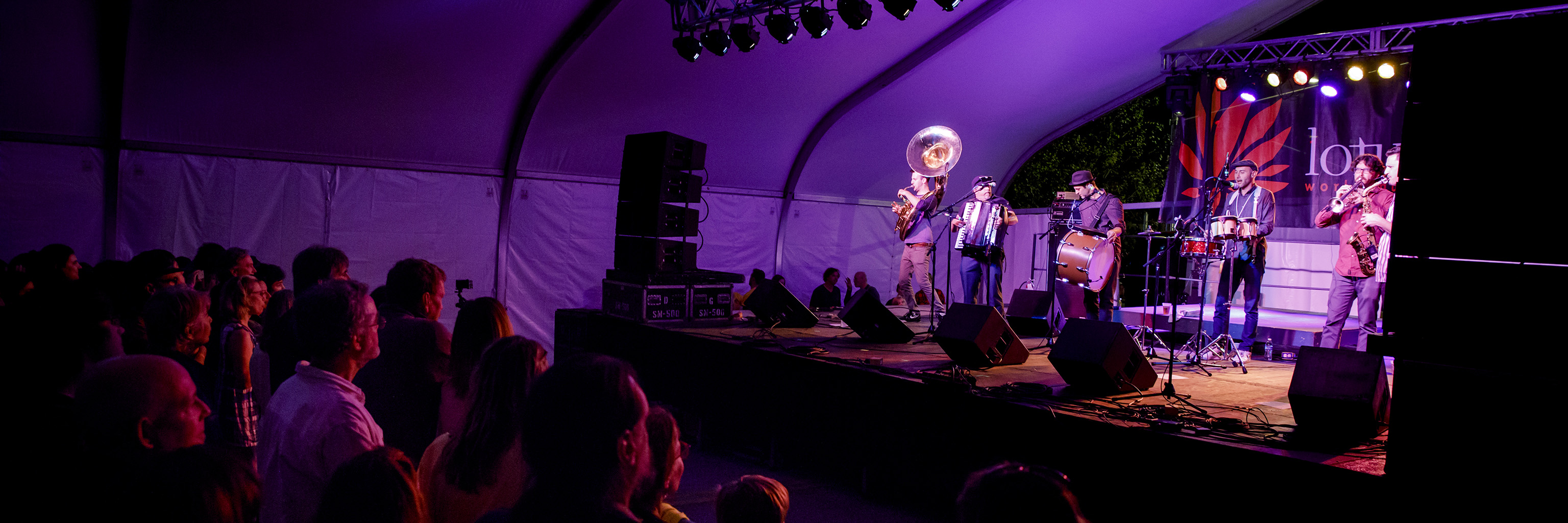 Band performing onstage at the Lotus World Music Festival