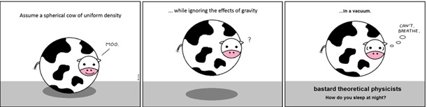 comic deplicting theory using inflatable cow